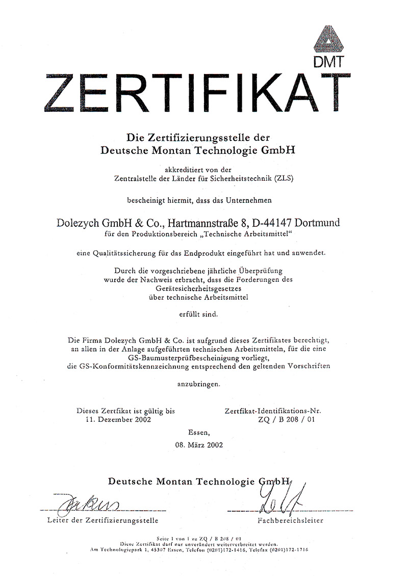 德國(guó)DOLECO多來勁吊具德國(guó)礦山協(xié)會(huì)證書